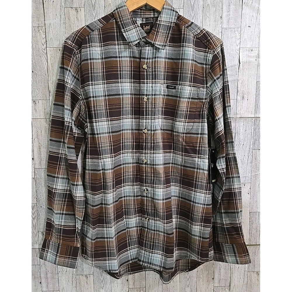 Lee Shirt Mens SMALL Extreme Motion Regular Fit Button Down Brown Plaid NEW